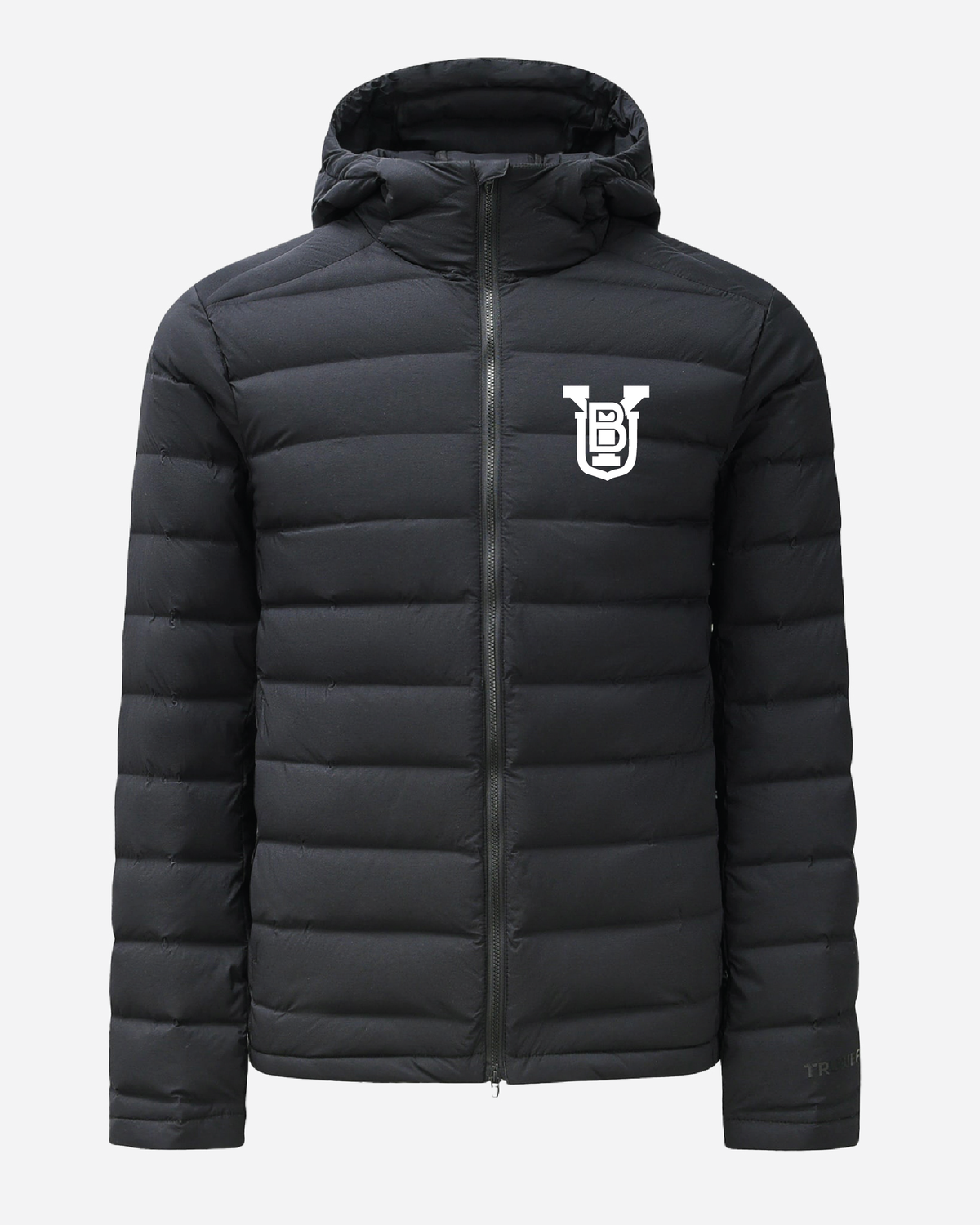 Black puffer down jacket with full-zip front, hood, and white BYU B shield logo