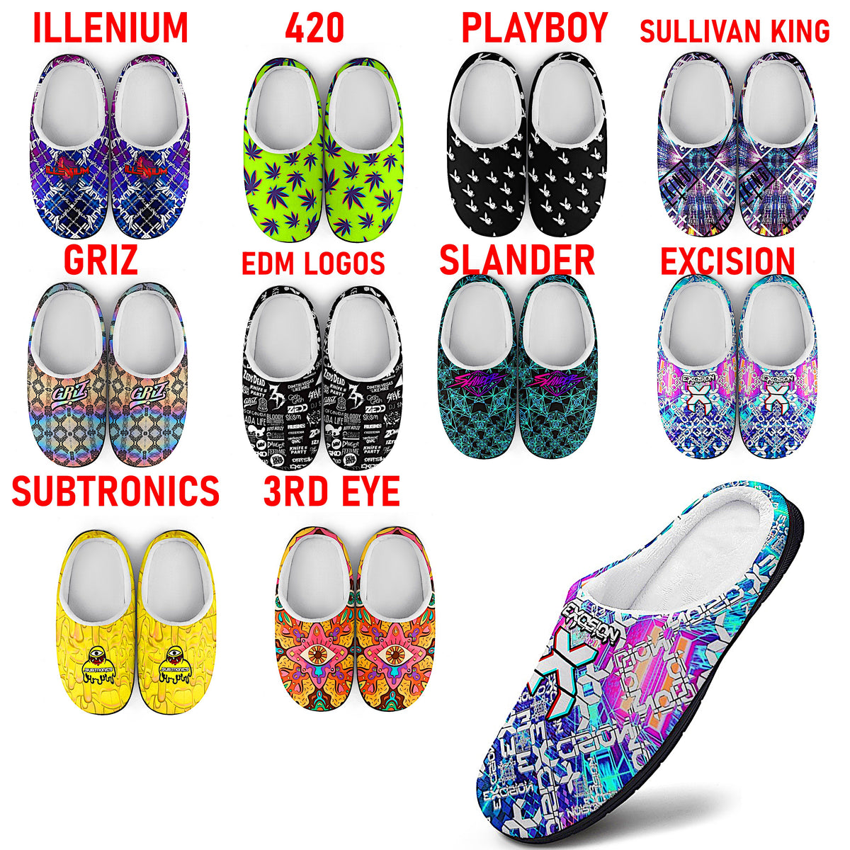 Cotton slippers with assorted graphic designs, white lining, black soles