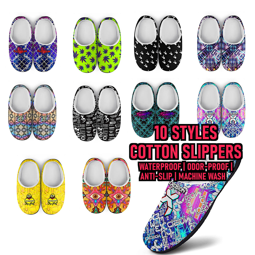 Cotton slippers with assorted EDM-style graphic uppers, white interior, black soles