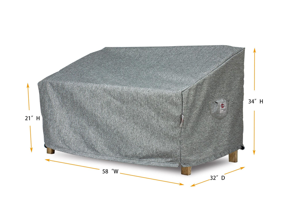 Gray outdoor loveseat cover with fitted top, size 58W x 32D x 34H shown