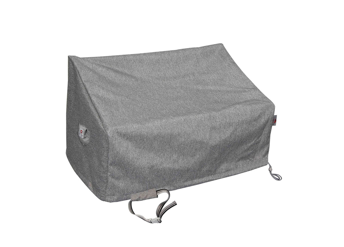 Gray outdoor loveseat cover with drawstring hem and small logo patch
