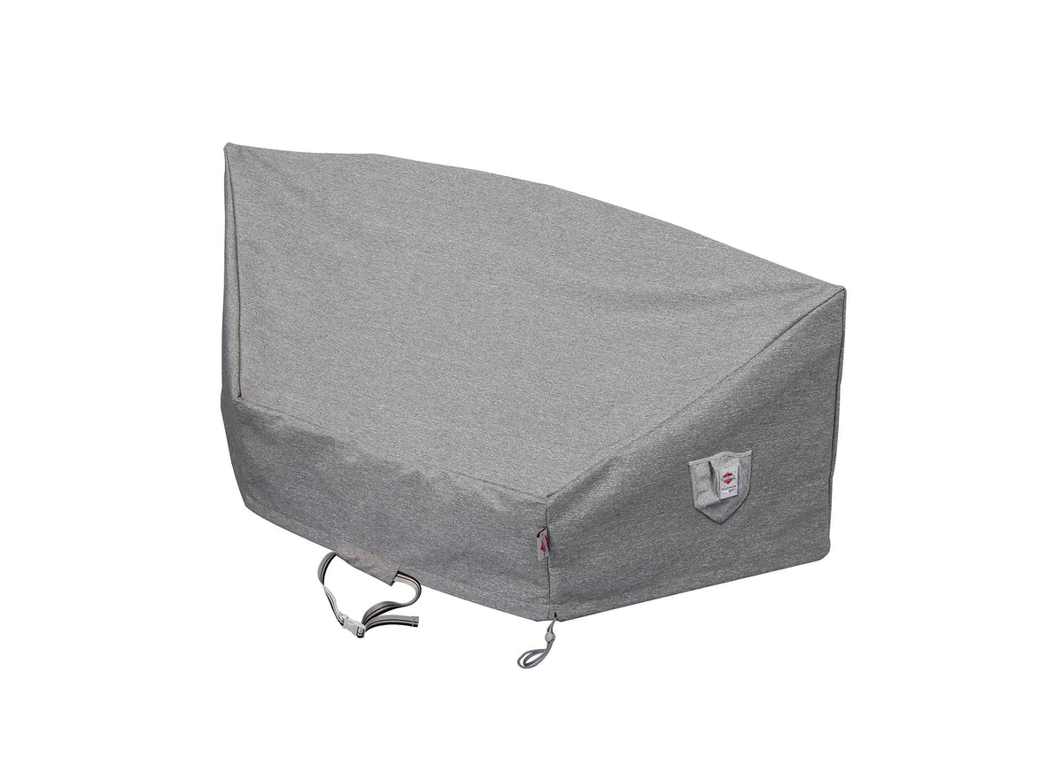 Platinum outdoor circular sofa cover, dark gray fabric with tie straps and buckles