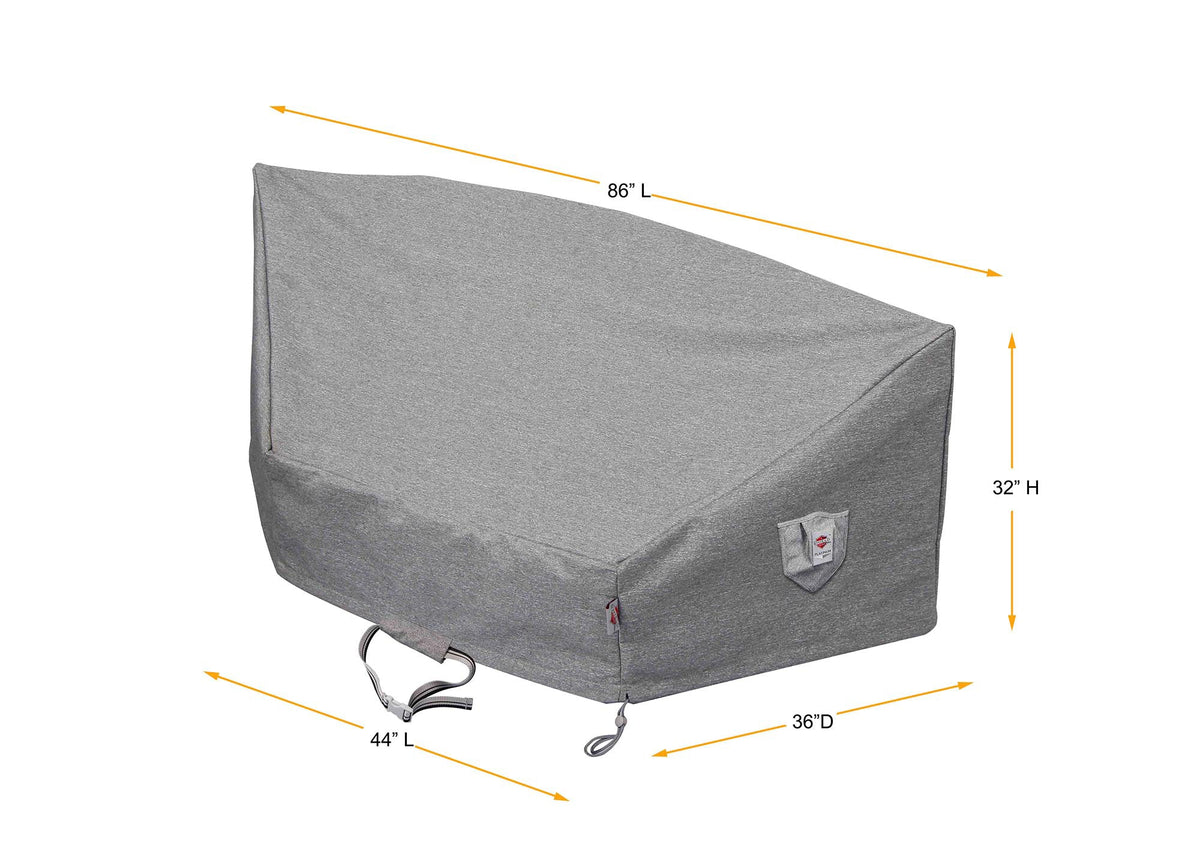 Dark gray circular sofa cover with front tie cords and side pull straps