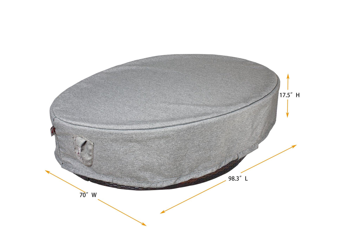 Grey oval sun bed cover with front pocket panel and water-resistant style straps