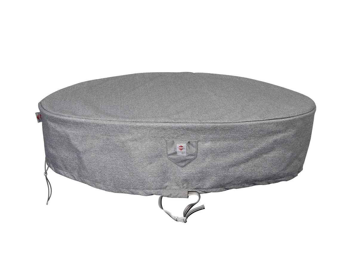 Grey round sun bed cover with elastic hem and tie cords on sides