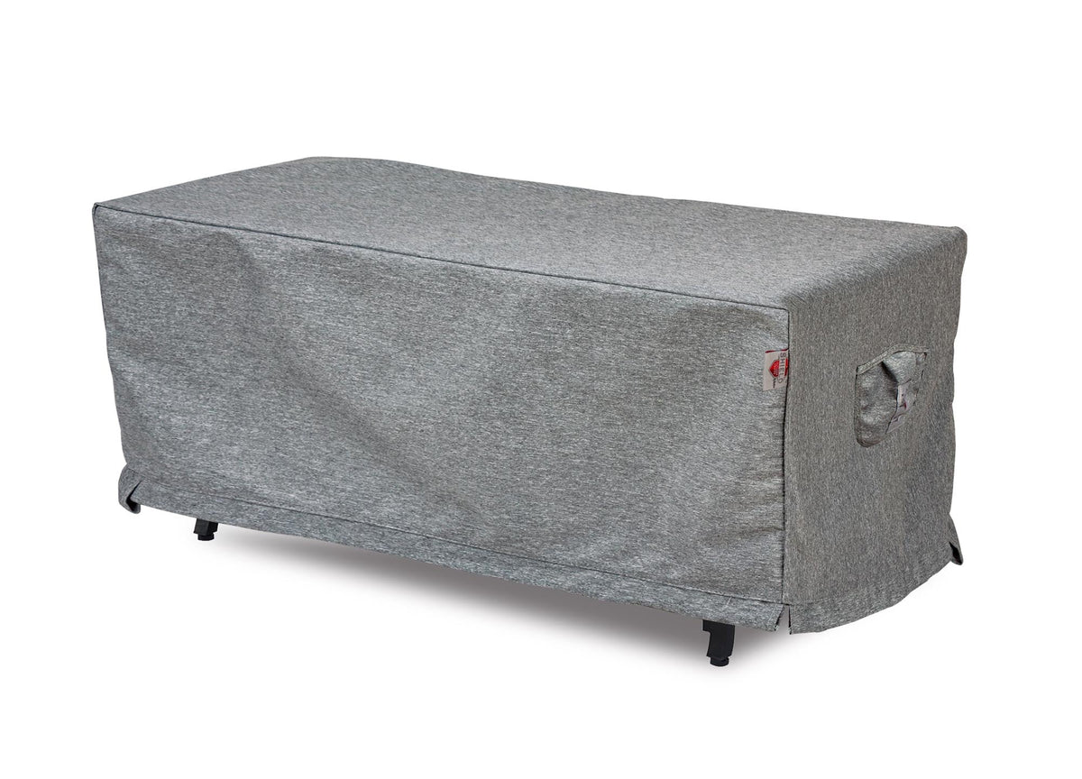 Grey rectangular outdoor fire table cover with straps and fitted corners