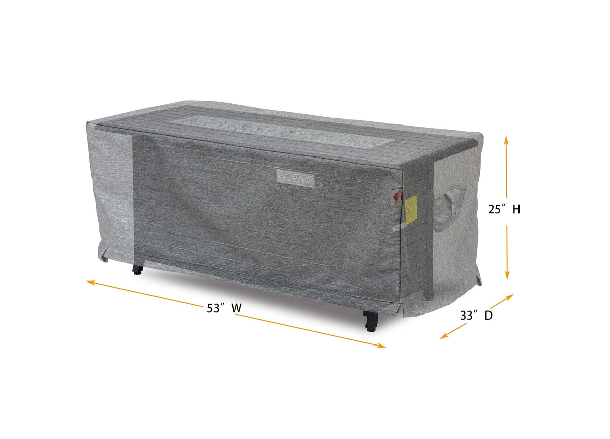 Grey rectangular fire table cover, 53W x 33D x 25H, with tie straps