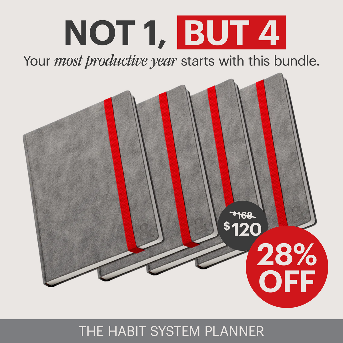 Set of four gray habit system planners with red ribbon bands in bundle lineup