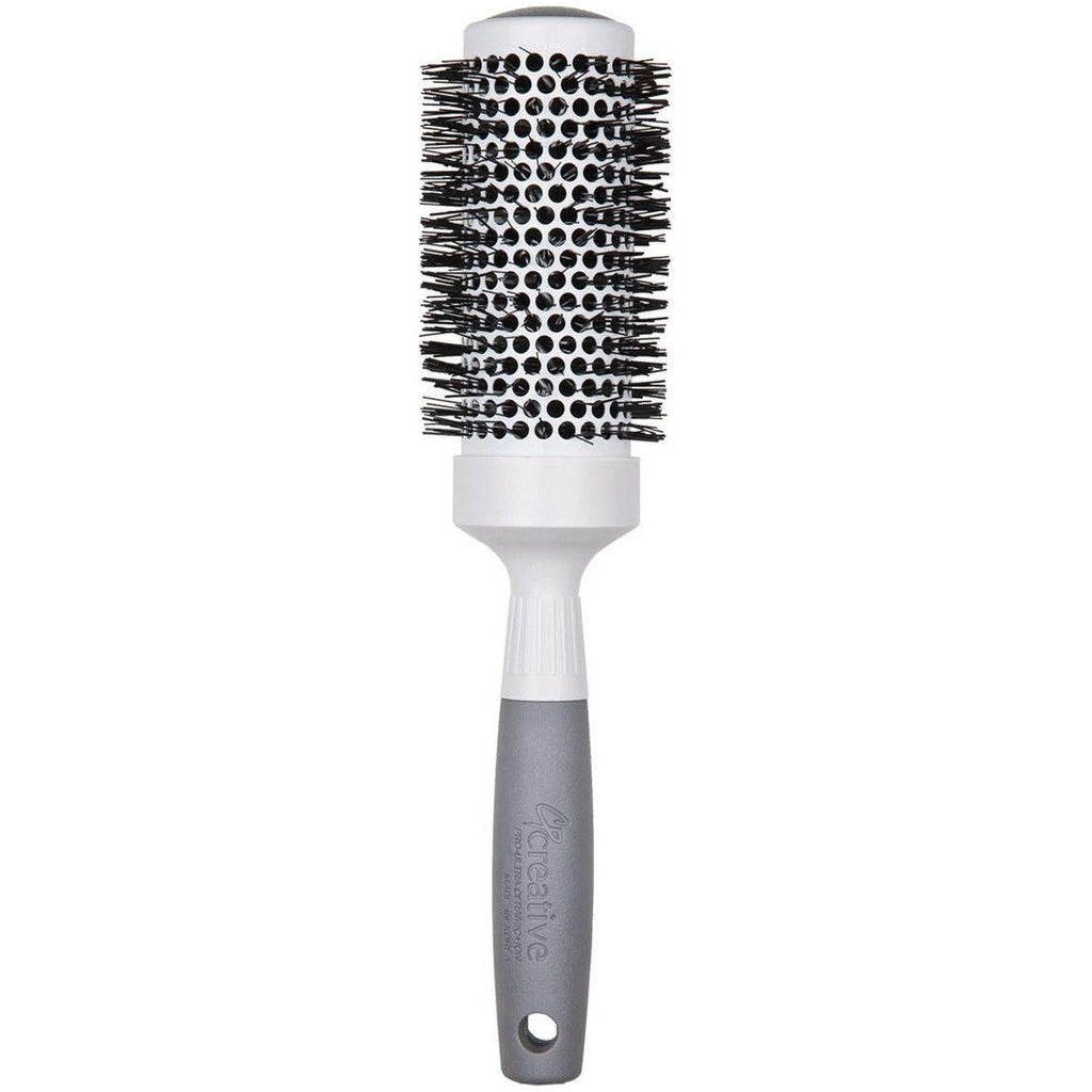 Ceramic thermal round hair brush, front view with black bristle head and silver center