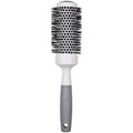 Ceramic thermal round hair brush, front view with black bristle head and silver center