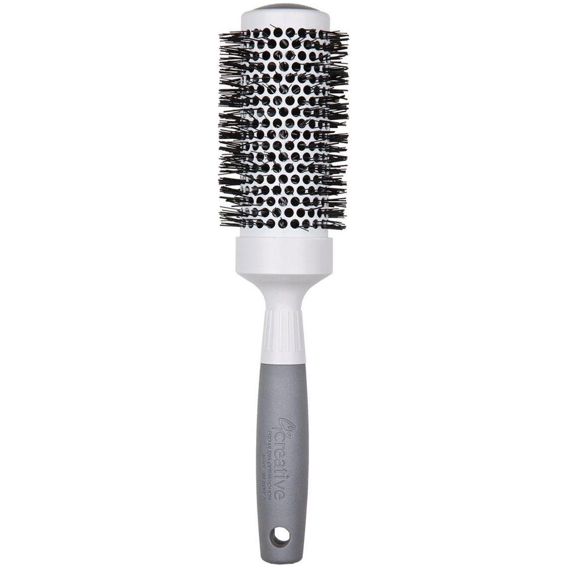Ceramic thermal round hair brush, front view with black bristle head and silver center