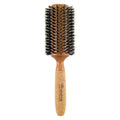 Round boar bristle brush with black bristles and textured cork handle grip