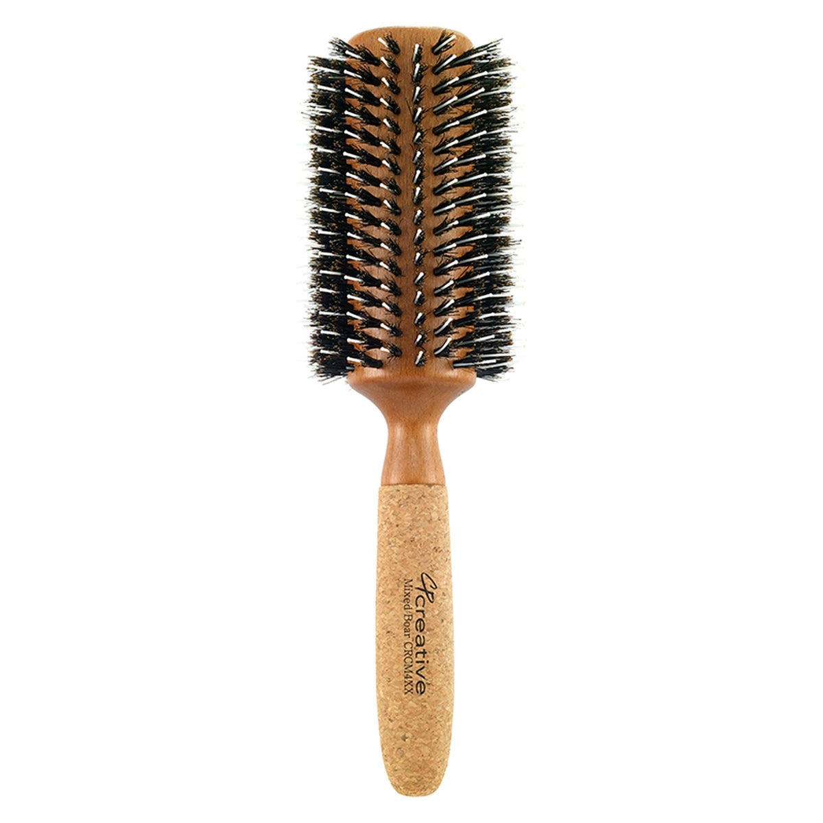 Round boar bristle brush with black bristles and textured cork handle grip