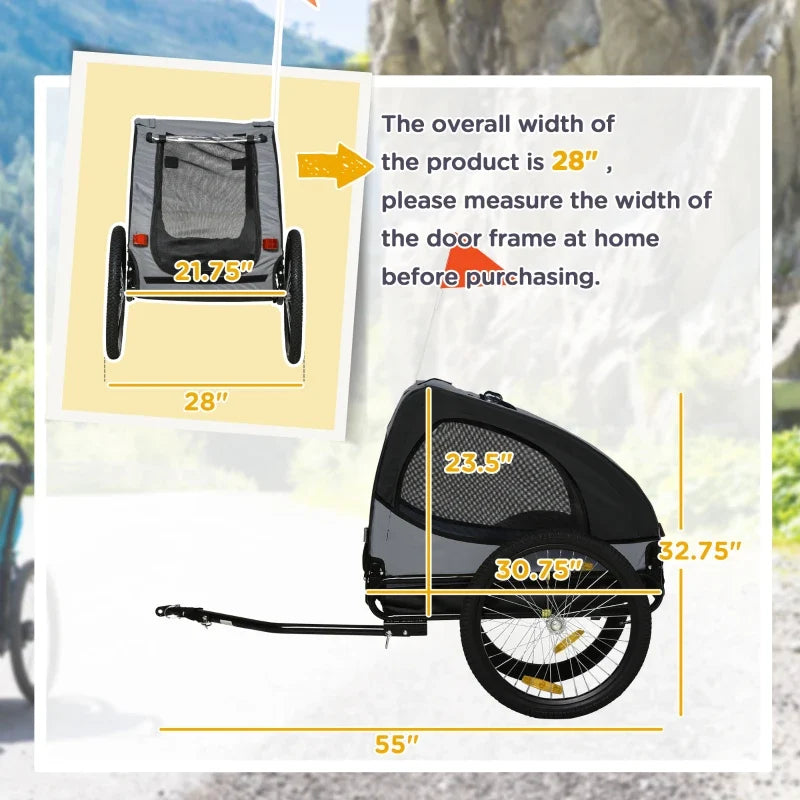 Dog bike trailer dimensions diagram showing 55-inch length and 28-inch overall width