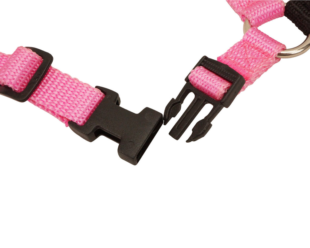 Pink and black Comfort Walk dog harness with front clasp and loop hardware