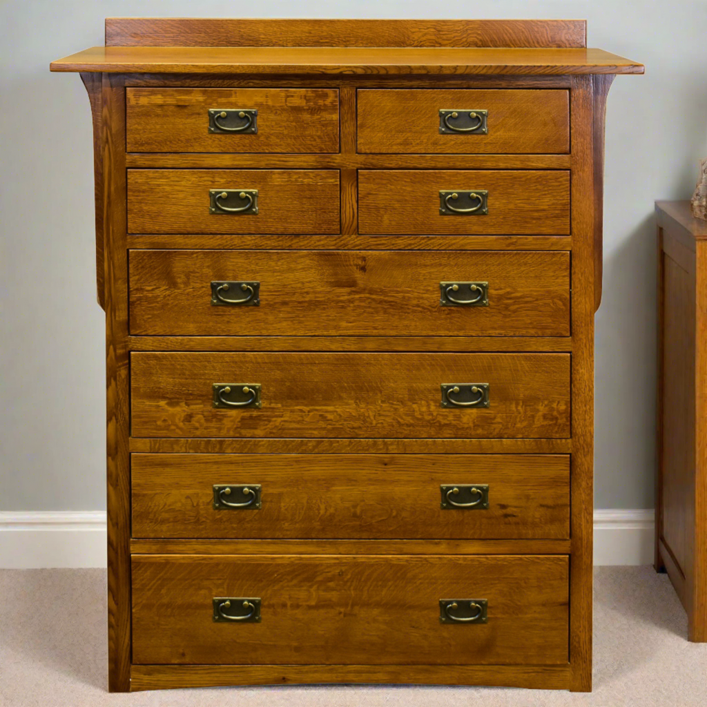 Front view of 8-drawer dresser with brass-tone cup pulls and warm wood grain