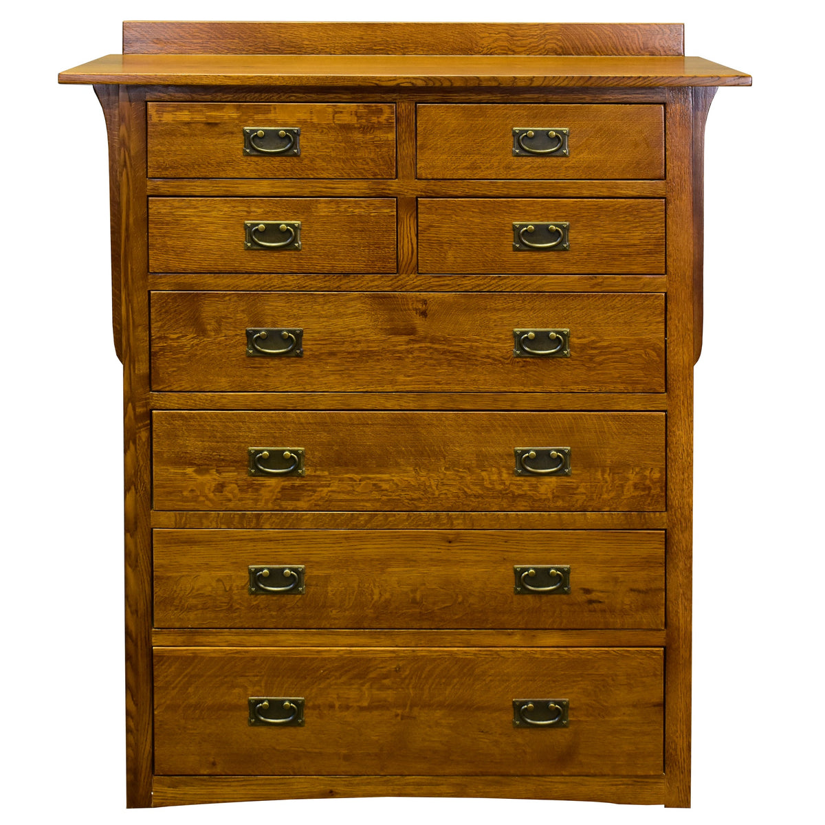 8-drawer dresser front with brass-tone cup handles and horizontal drawer lines