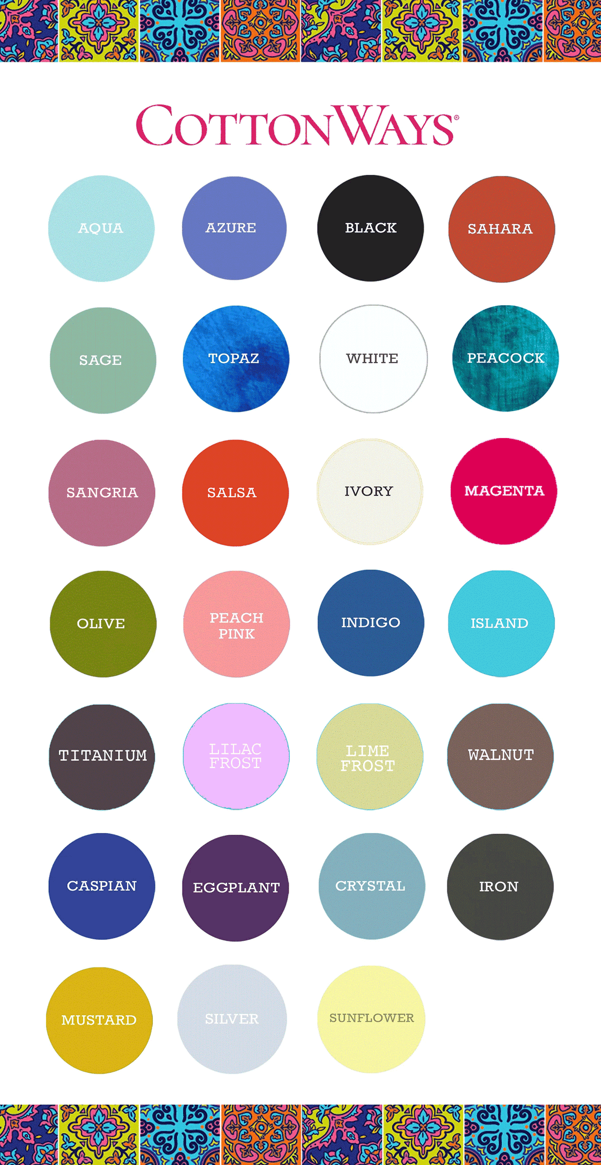 CottonWays color chart with circular swatches, including Aqua, Black, and Sahara