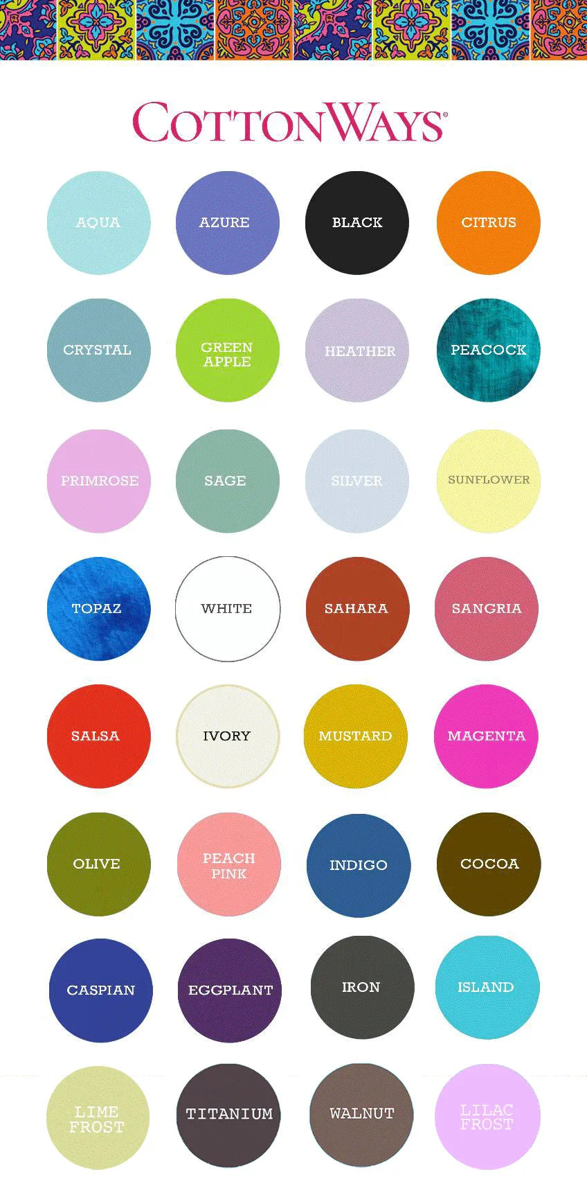 CottonWays cotton gauze pants color chart with circular color swatches