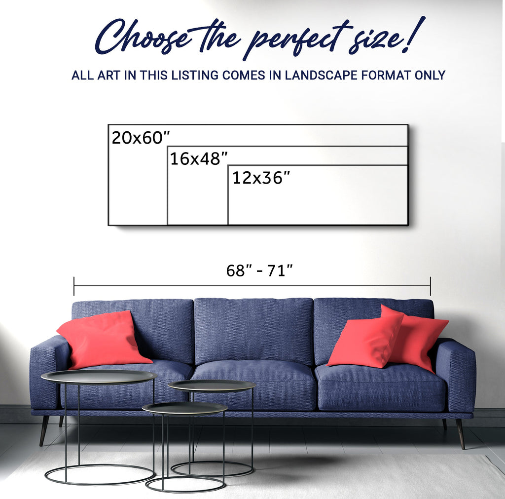 Wall art size options for landscape format, with framed canvas shown above