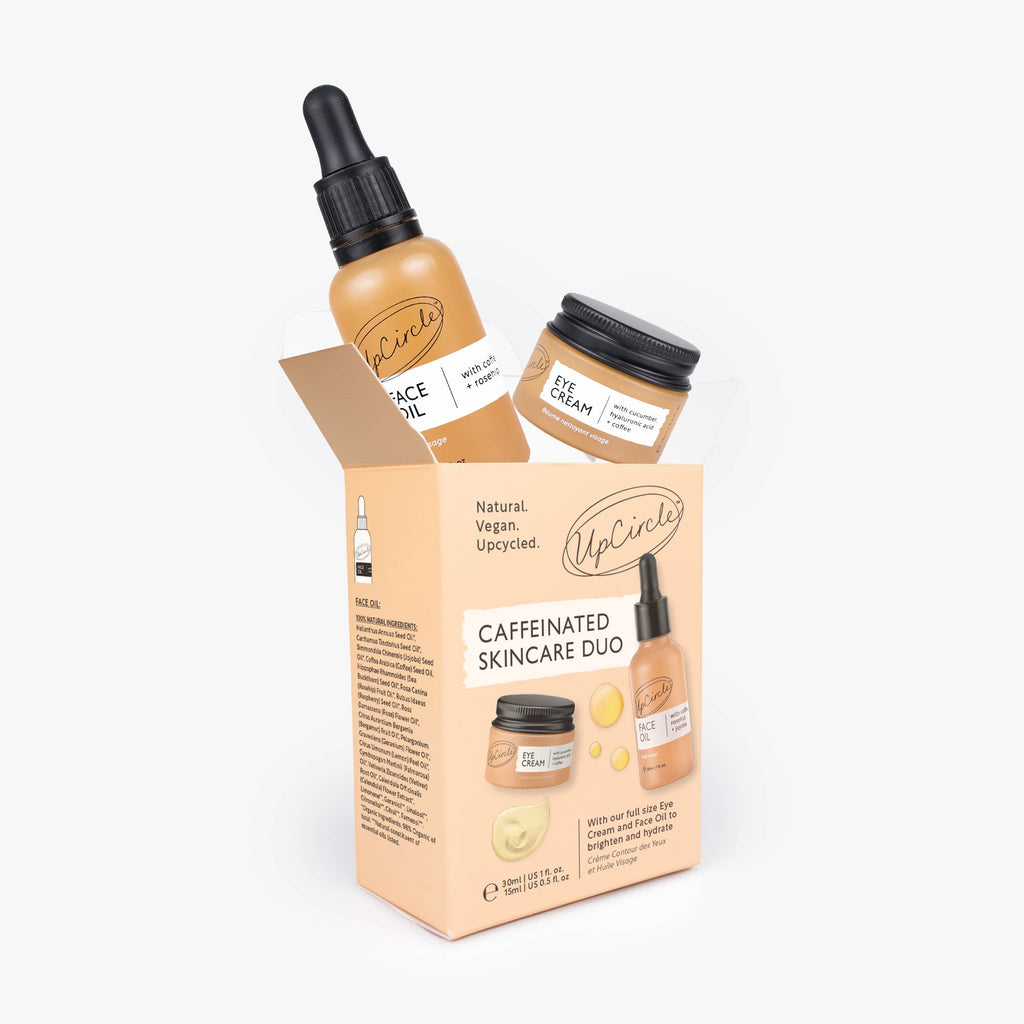 Caffeinated skincare duo gift set box with face oil bottle and eye cream jars