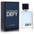 Men's eau de toilette spray, clear bottle with black cap and Calvin Klein Defy box