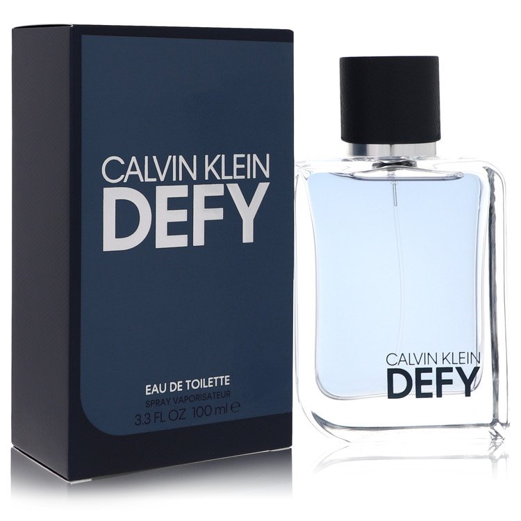 Men's eau de toilette spray, clear bottle with black cap and Calvin Klein Defy box