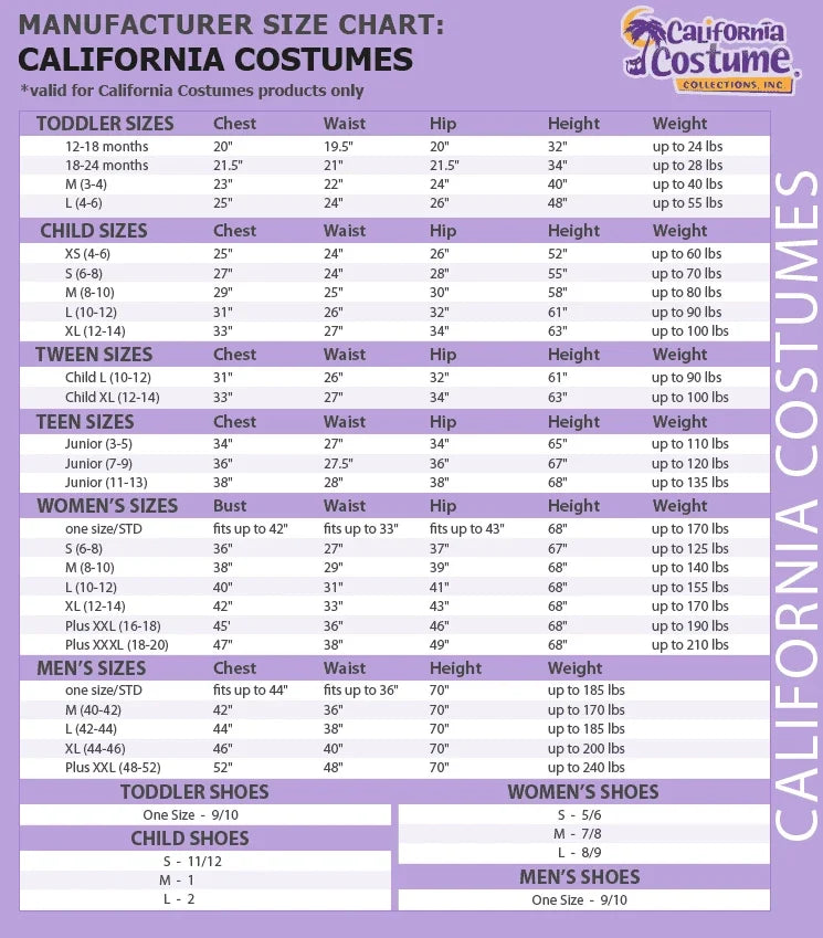 California Costumes size chart poster for women’s, teen, and toddler costume sizes