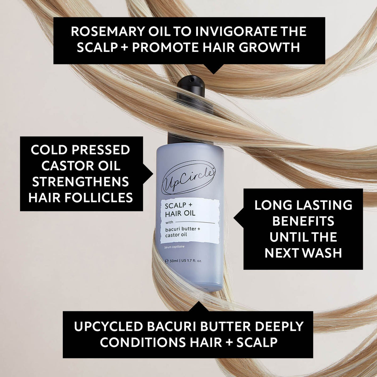 Hair oil bottle with black cap and light blue label, shown with blonde hair strands