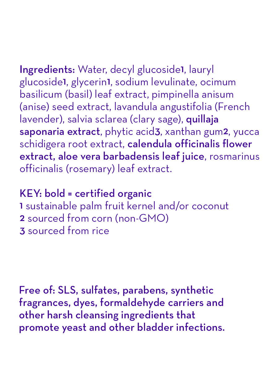 Bubble bath & bodywash ingredient label with key notes and free-of list
