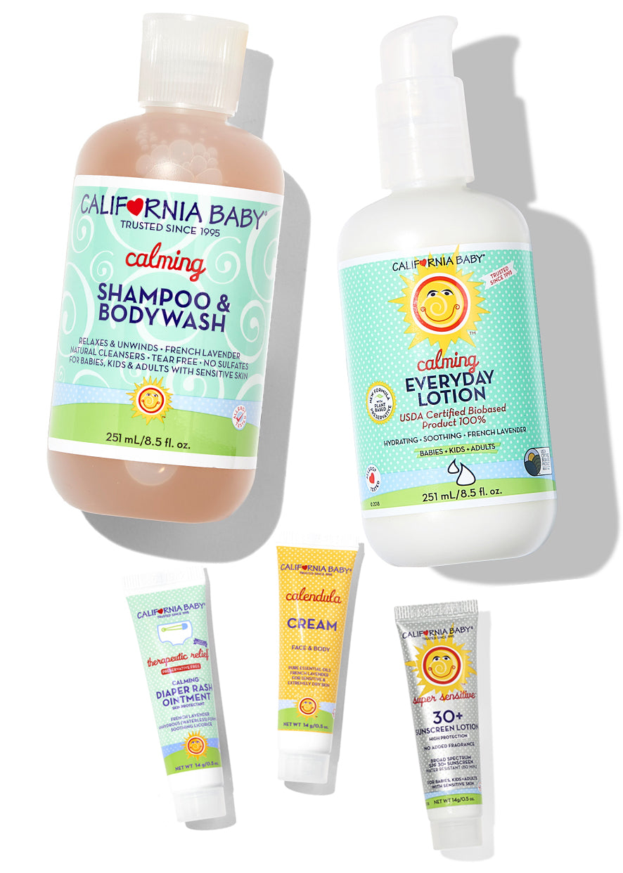 Assorted California Baby calming newborn skincare bottles, shown front view