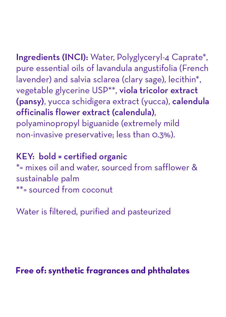Ingredients panel for calming spritzer, lists filtered water and oils