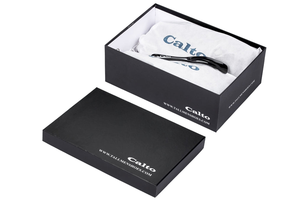 CALTO dark brown slip-on loafer pair in black gift box with tissue paper