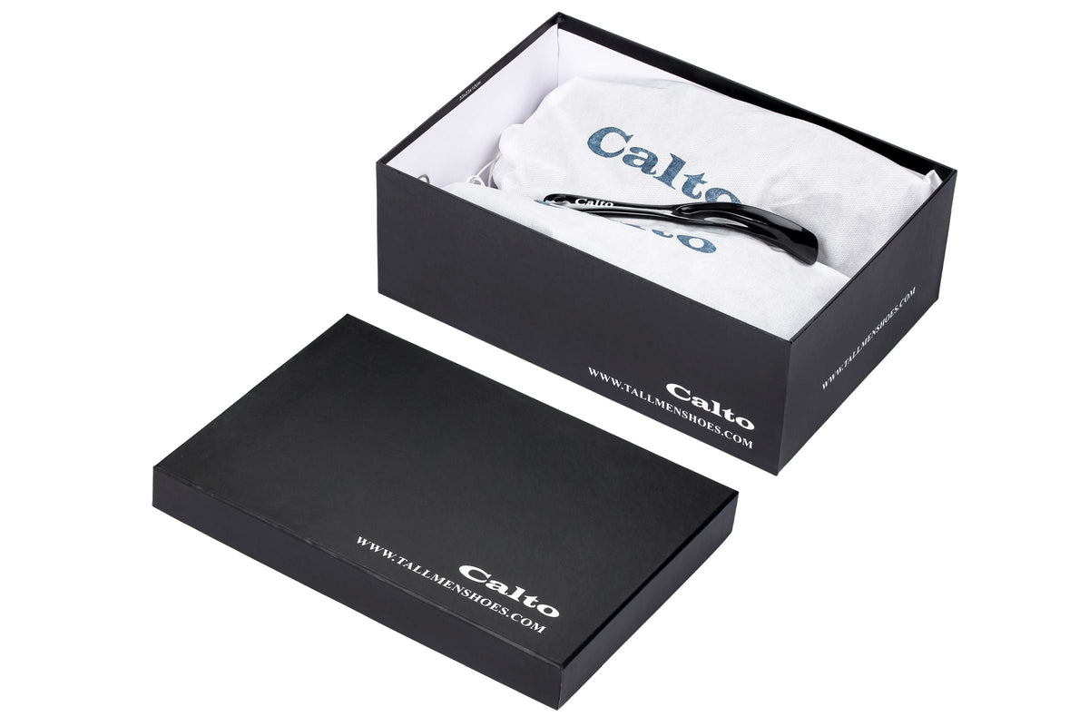 CALTO dark brown slip-on loafer pair in black gift box with tissue paper