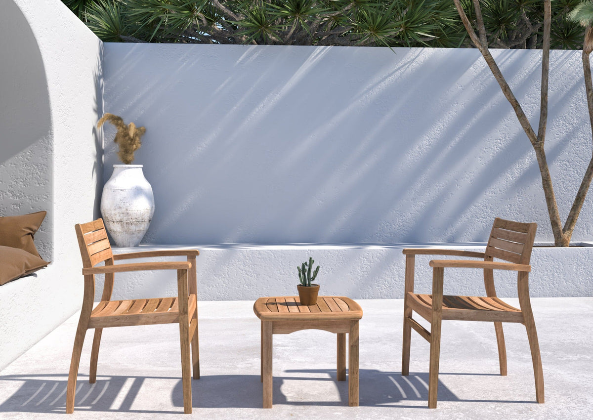 Outdoor teak side table with two matching armchairs, slatted tops and curved armrests