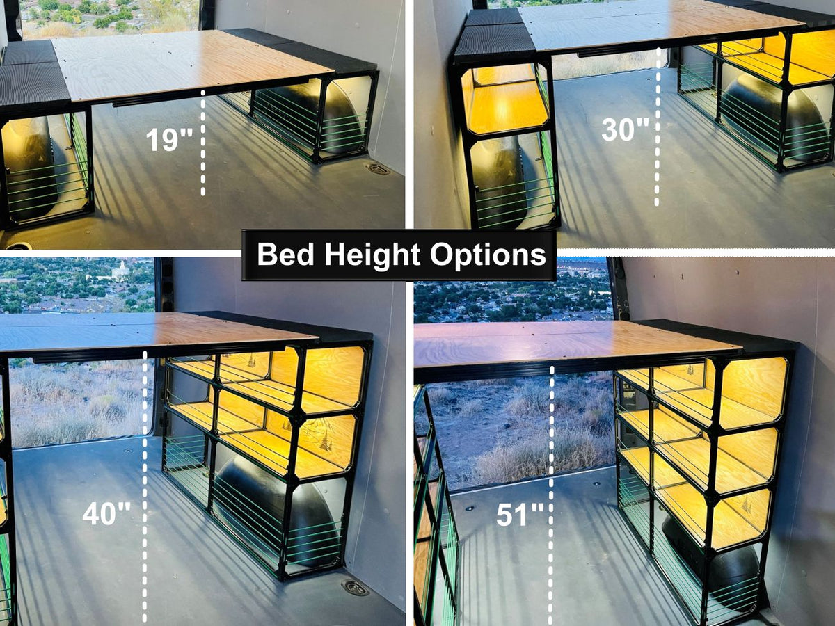 Adjustable van bed frame showing multiple bed-height positions with wire shelving