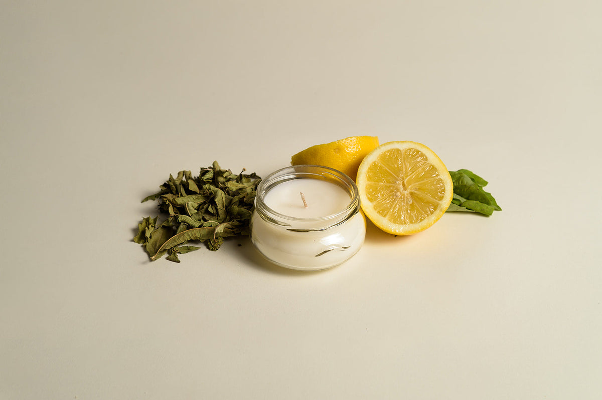 Glass candle jar with white wax and wick, with lemon slice and herbs beside it.