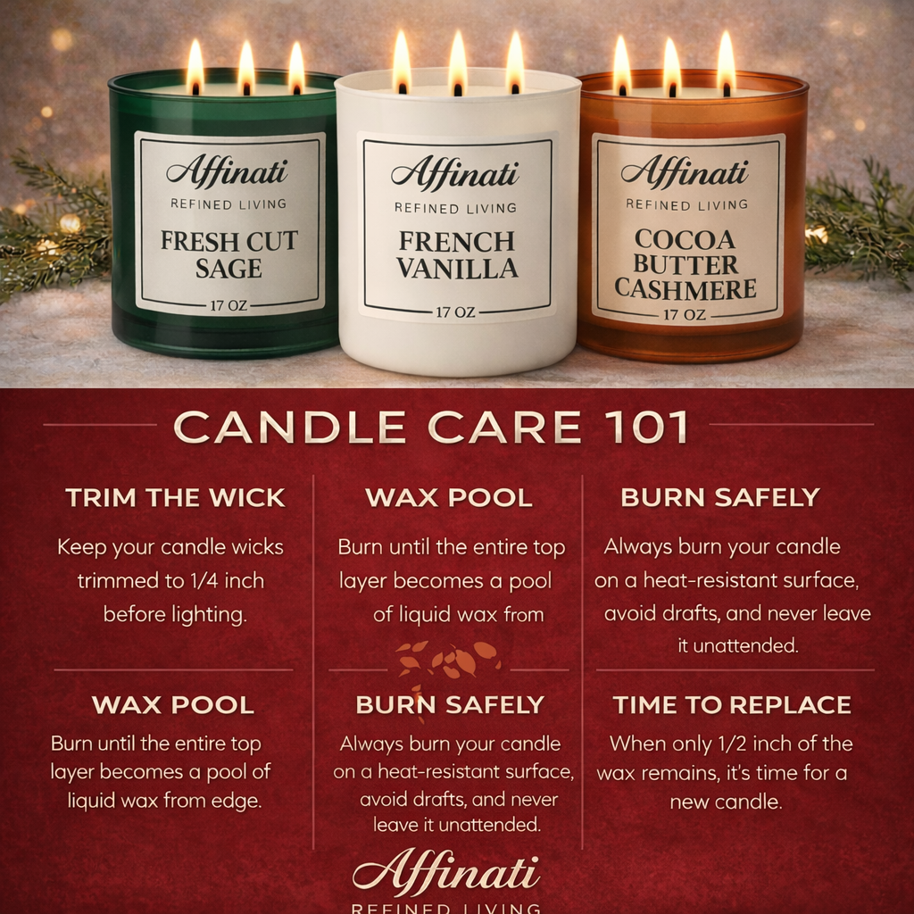 Candle care 101 graphic with three scented candles in containers