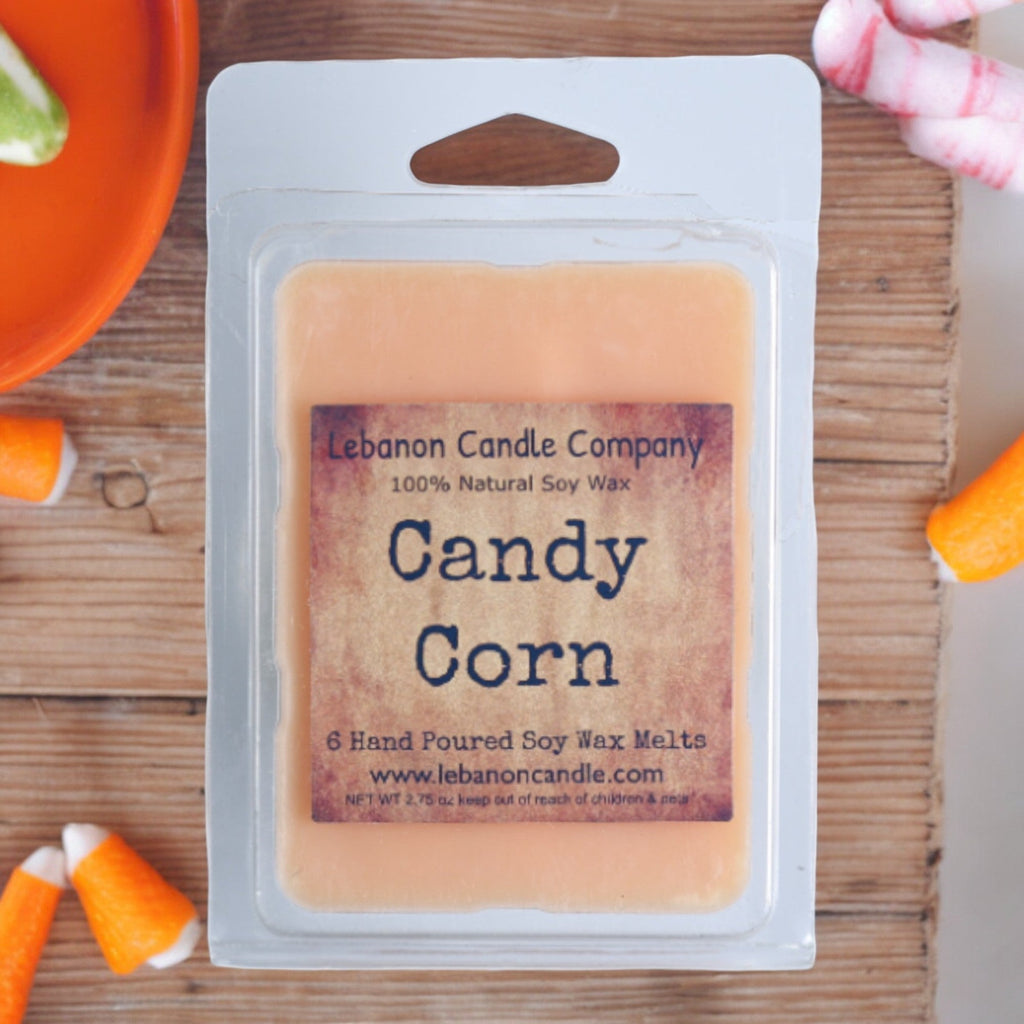 Candy corn wax melt bar in retail package, pale orange soy wax