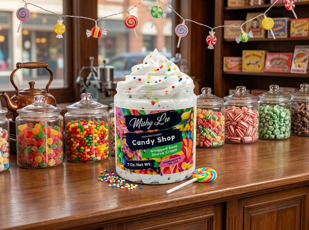 Mishy Lee Candy Shop whipped soap jar with colorful sprinkles on display among candies