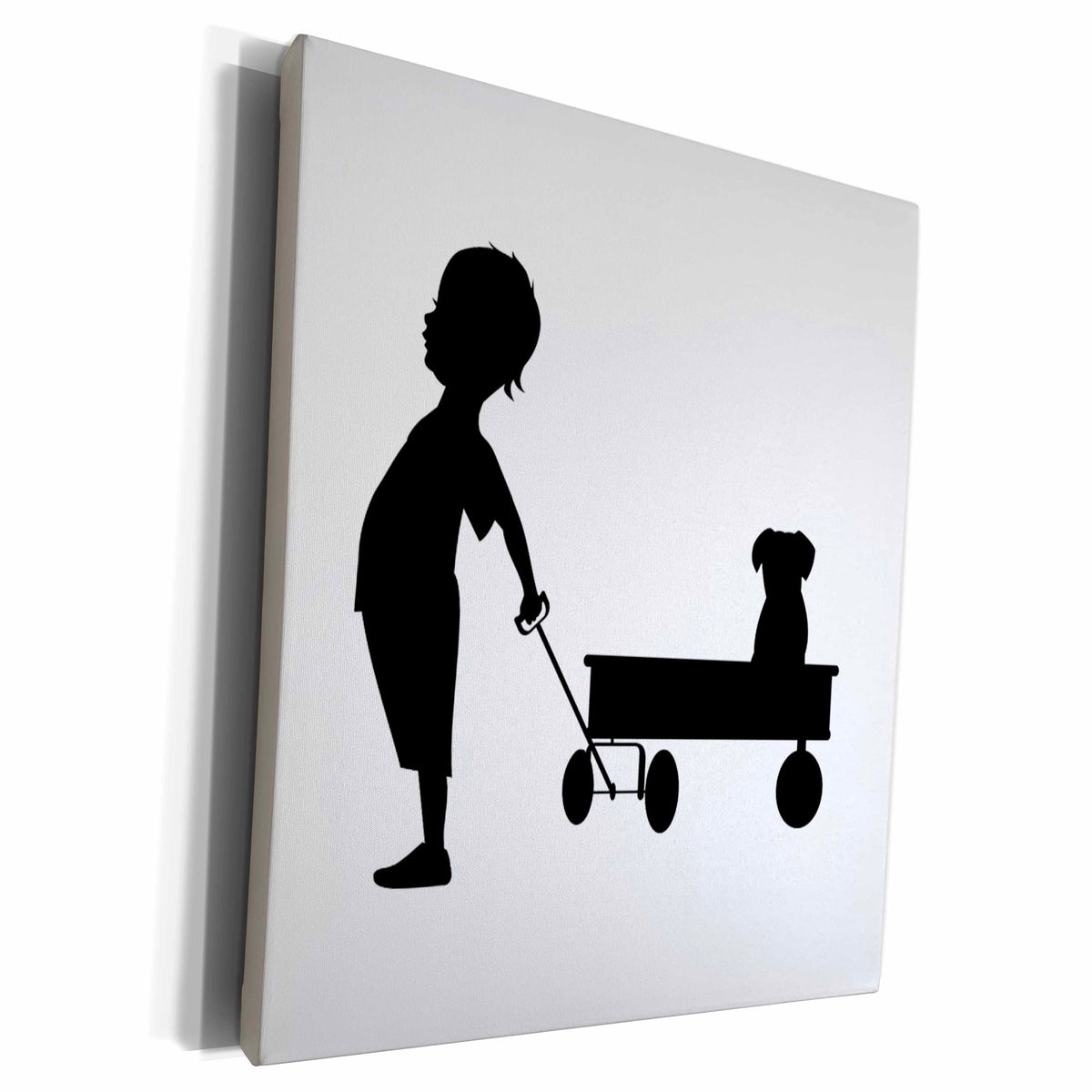 Gallery-wrapped canvas art: boy silhouette leads a puppy in a wagon, black-on-light background.