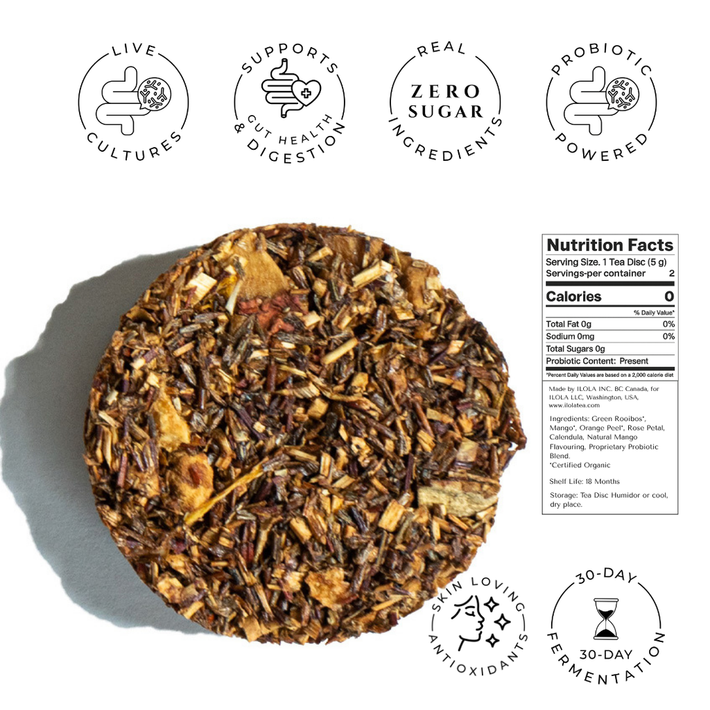 Cape Carousel No. 63 herbal tea disc with nutrition facts and probiotic blend details