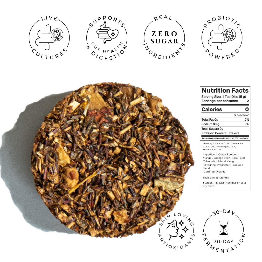 Cape Carousel No. 63 herbal tea disc with nutrition facts and probiotic blend details