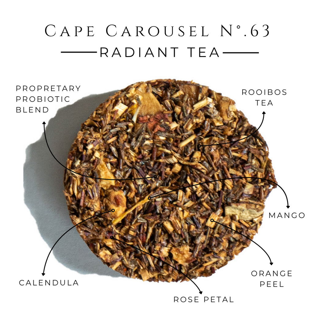 Cape Carousel No. 63 herbal tea disc with rooibos, mango, calendula, orange peel and rose petals