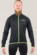 Black rain jacket with neon lime zipper and trim, full front view