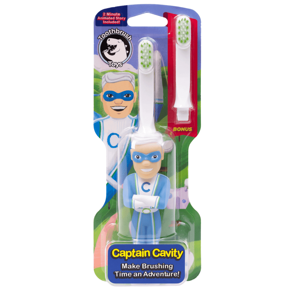 Kids character toy toothbrush set with Captain Cavity figure and bonus brush