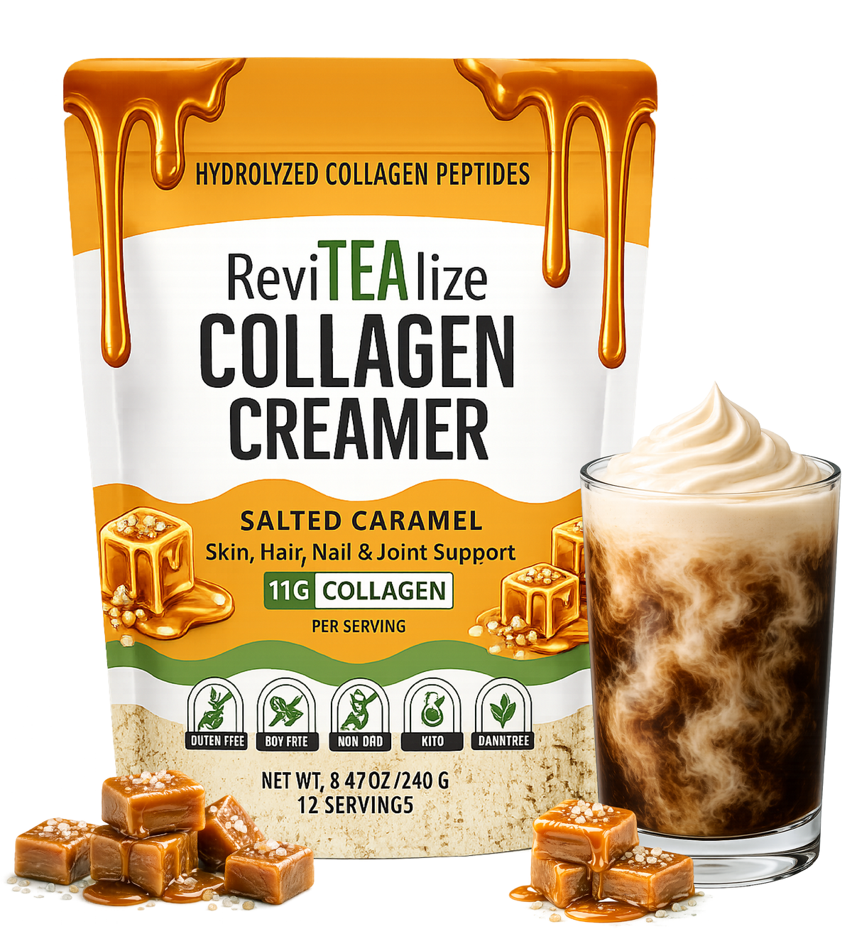 Salted caramel collagen creamer pouch with 11g collagen per serving and caramel pieces