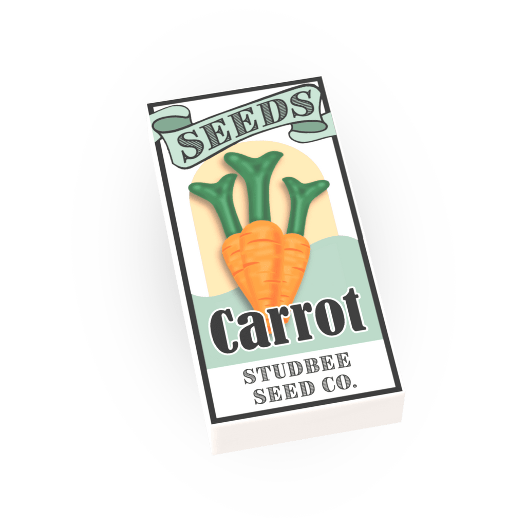 Carrot seed packet for minifig tile, illustrated vegetable seeds packet.