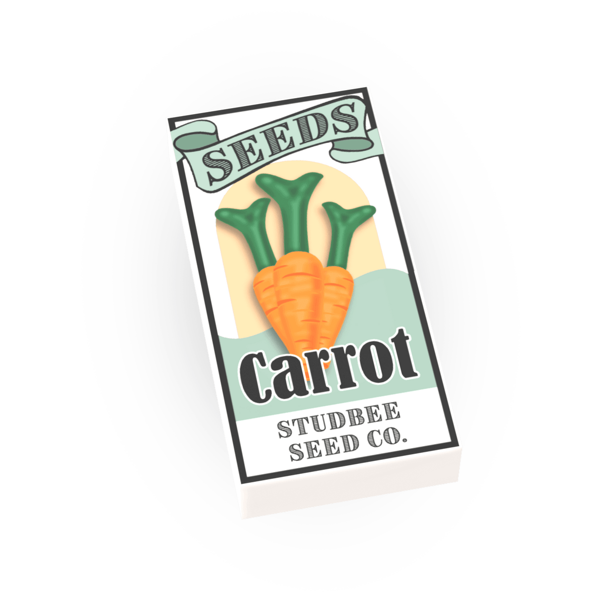 Carrot seed packet for minifig tile, illustrated vegetable seeds packet.