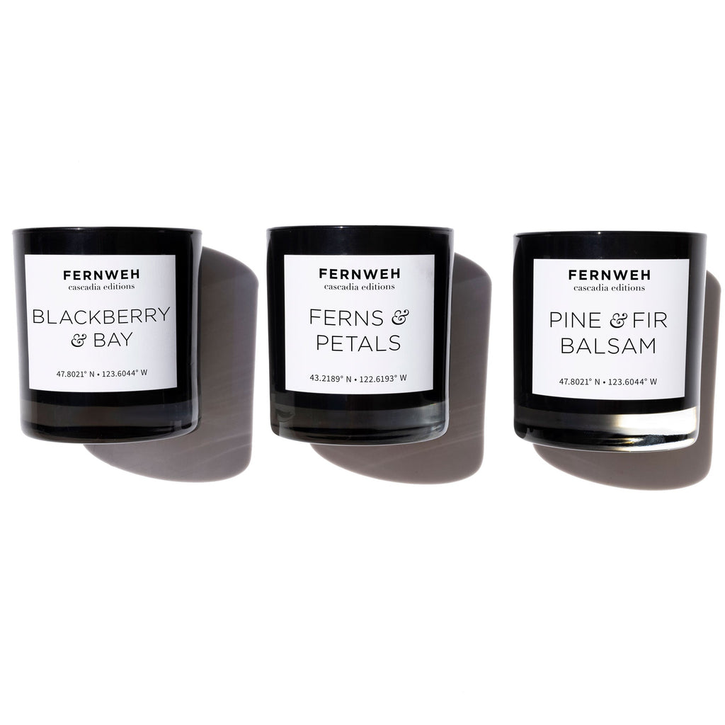 Pine & Fir Balsam soy candle jar with label, unlit